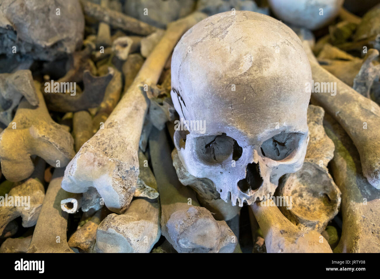 Cripta di San Leonards chiesa, Hythe, Kent, Regno Unito. Più grande collezione di antiche ossa umane e di teschi nel Regno Unito Foto Stock