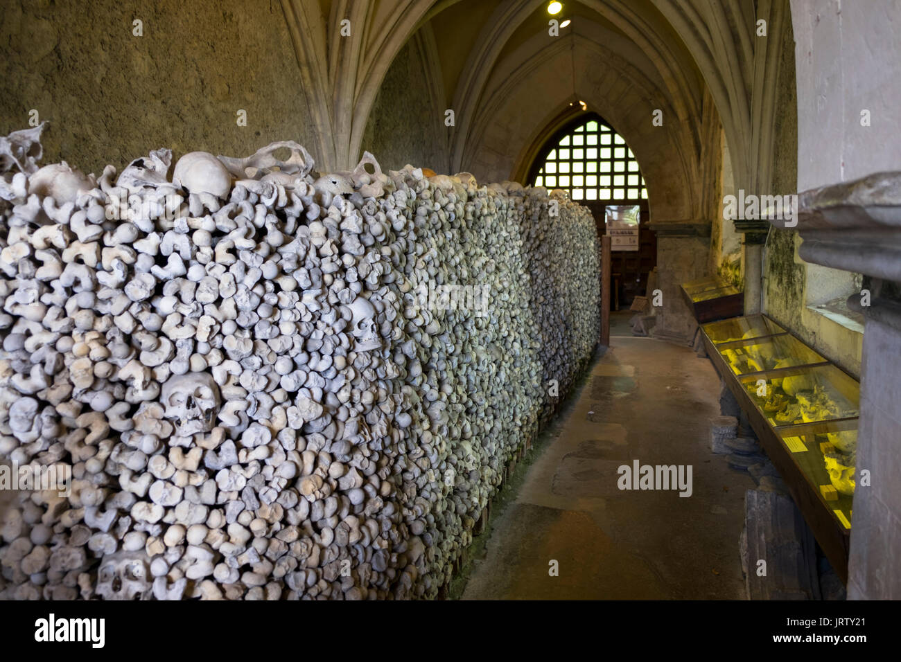 Cripta di San Leonards chiesa, Hythe, Kent, Regno Unito. Più grande collezione di antiche ossa umane e di teschi nel Regno Unito Foto Stock