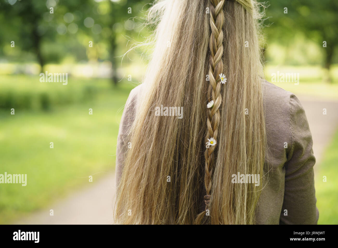 Teen ragazza con daisy fiori nei capelli in parco verde da dietro nel giorno di estate Foto Stock