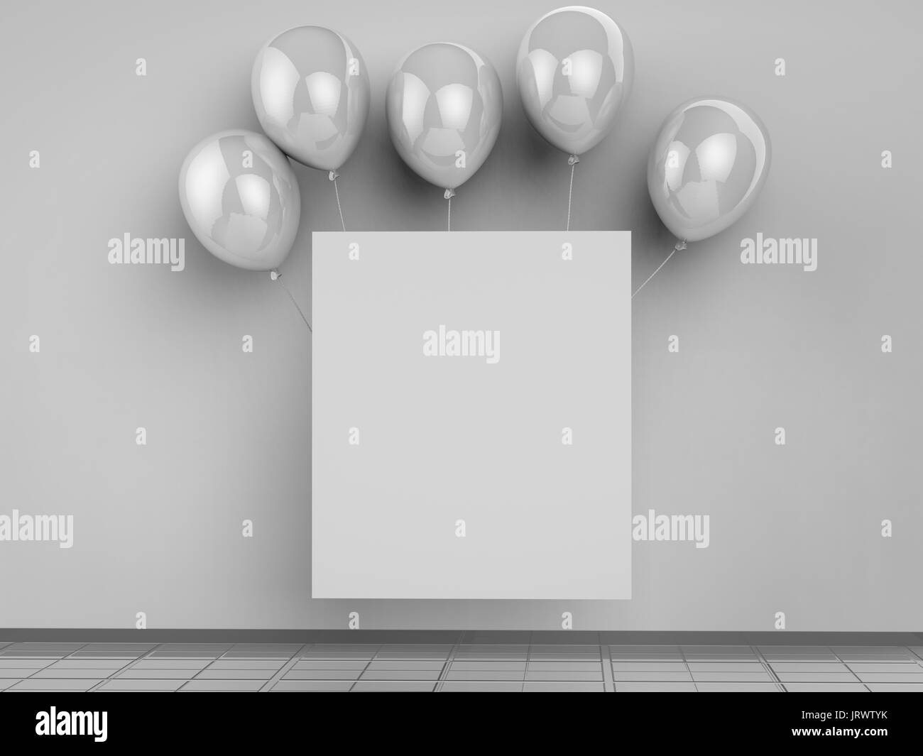 Blank cornice quadrata con palloncini argentati su sfondo grigio Foto Stock