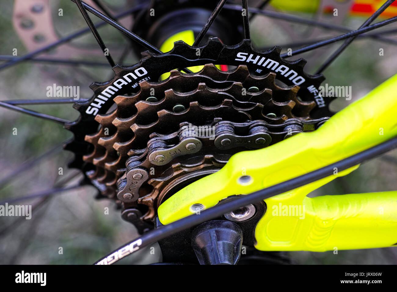 Tambov, Federazione Russa - Maggio 07, 2017 Shimano cassetta di marcia sulla bicicletta. Vista dall'alto. Foto Stock