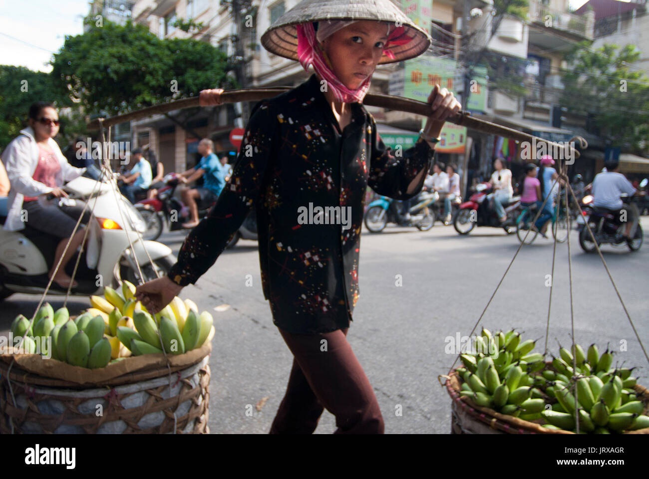 Banane caricato su di una bicicletta per essere venduti ad Hanoi, Vietnam Foto Stock