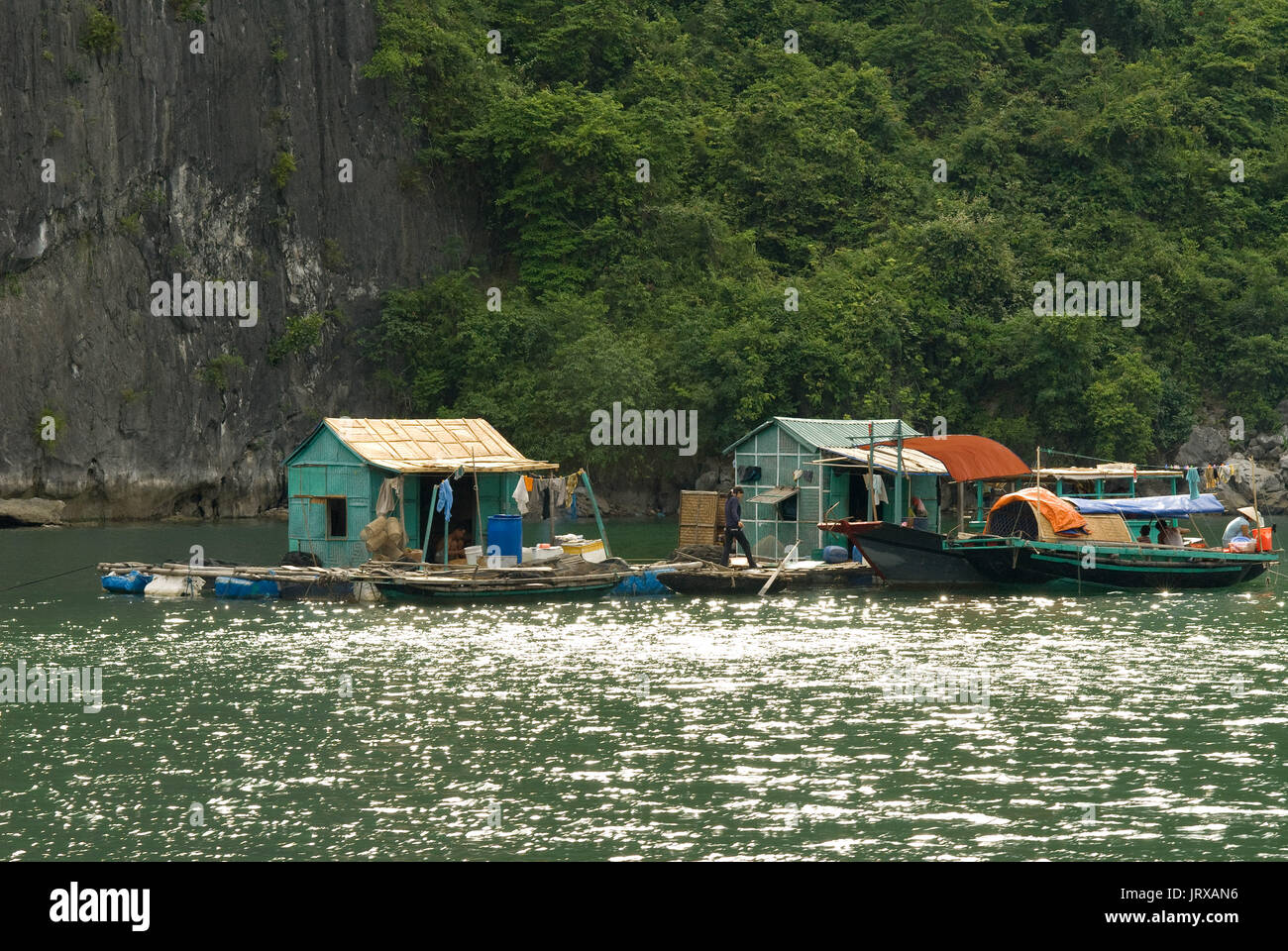 Flottante il villaggio di pesca nella baia di Halong. allevamento ittico borgo carsico tra montagne calcaree a cat ba national park, ha long,Halong Bay, ha long,halon Foto Stock