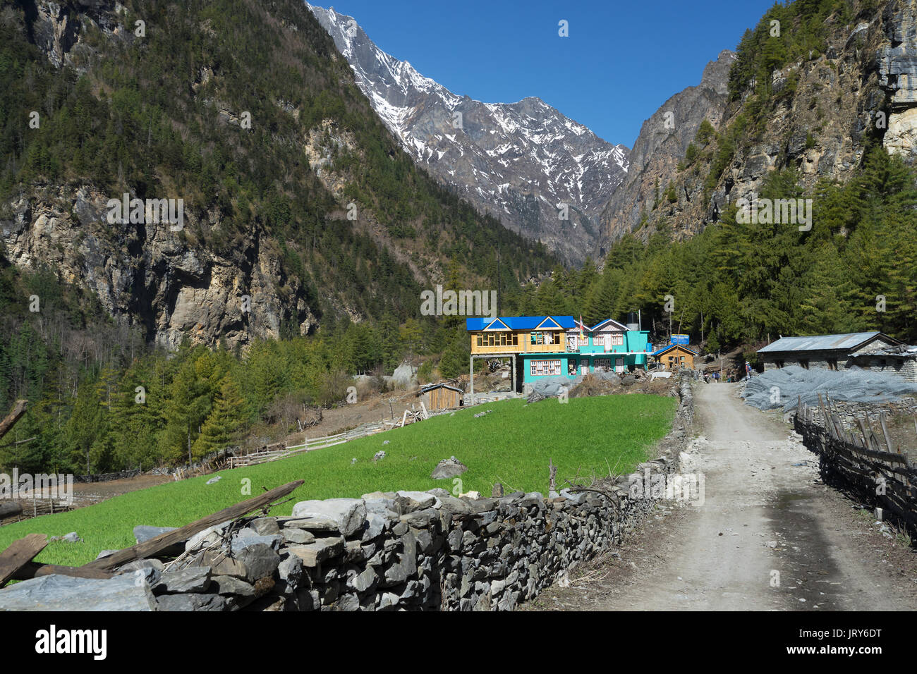 Trekkers lodge in costruzione sul sentiero che attraversa Talekhu, regione di Annapurna, Nepal. Foto Stock
