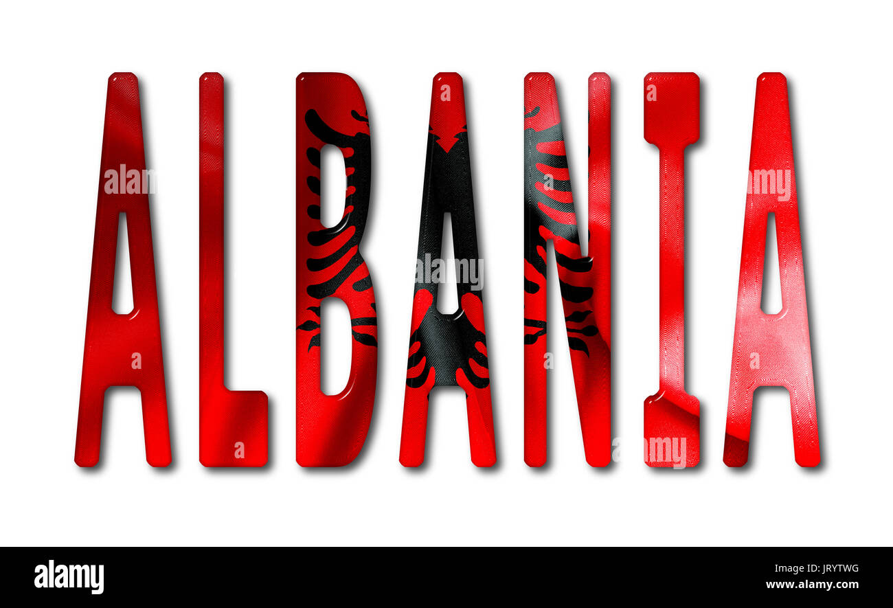 L'Albania parola con una bandiera smussata texture isolato su un fondo bianco con un tracciato di ritaglio con e senza ombre Foto Stock