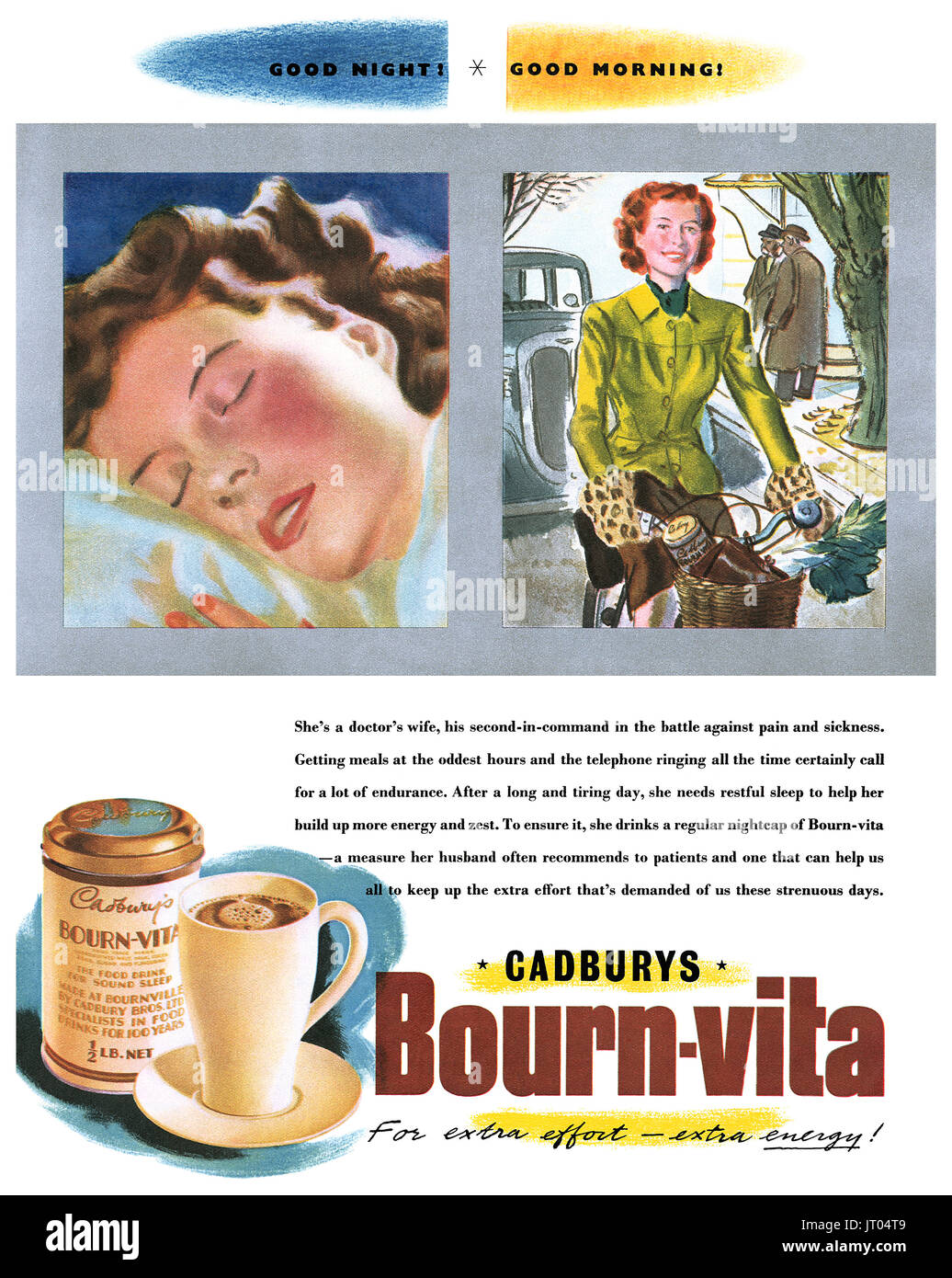 1948 British pubblicità per Cadbury's Bourn-Vita (ora chiamato Bournvita) il cioccolato al malto bere. Foto Stock