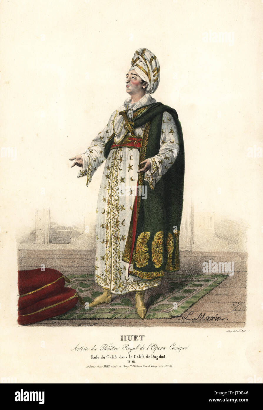 Cantante tenore Louis-Auguste Huet come Calife nell'opera comica Le Calife de Bagdad da Francois Adrien Boieldieu, Theatre Royal de l'Opera Comique, 1824. Litografia Handcolored da F. Noel dopo una illustrazione da Lavigne Marin dai ritratti d'Acteurs et d'Actrices dans diversi ruoli, F. Noel, Parigi, 1825. Foto Stock