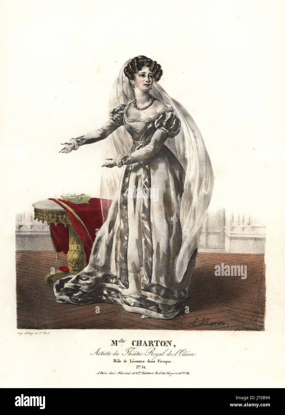 Mlle Henrietta Charton come Leonore nel Fiesque da Francois Ancelot, Theatre Royal de l'Odeon, 1824. Litografia Handcolored da F. Noel dopo una illustrazione da Lavigne Marin dai ritratti d'Acteurs et d'Actrices dans diversi ruoli, F. Noel, Parigi, 1825. Foto Stock
