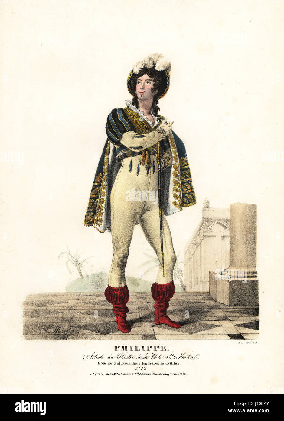 Francois Philippe come Salvator in Les freres invisibili da Anne-Honore-Joseph Duveyrer e Eugène Scribe, Teatro de la Porte San Martin, 1819. Litografia Handcolored da F. Noel dopo una illustrazione da Lavigne Marin dai ritratti d'Acteurs et d'Actrices dans diversi ruoli, F. Noel, Parigi, 1825. Foto Stock