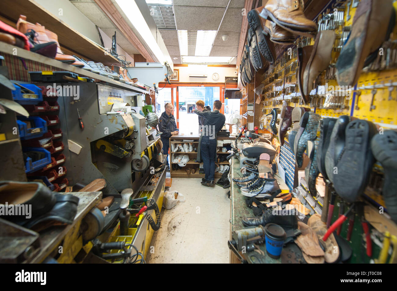 Cobbler che ripara scarpe in pelle all'interno di un'officina tradizionale. Sulla parete sono visibili utensili, attrezzature di taglio chiave e suole di ricambio Foto Stock
