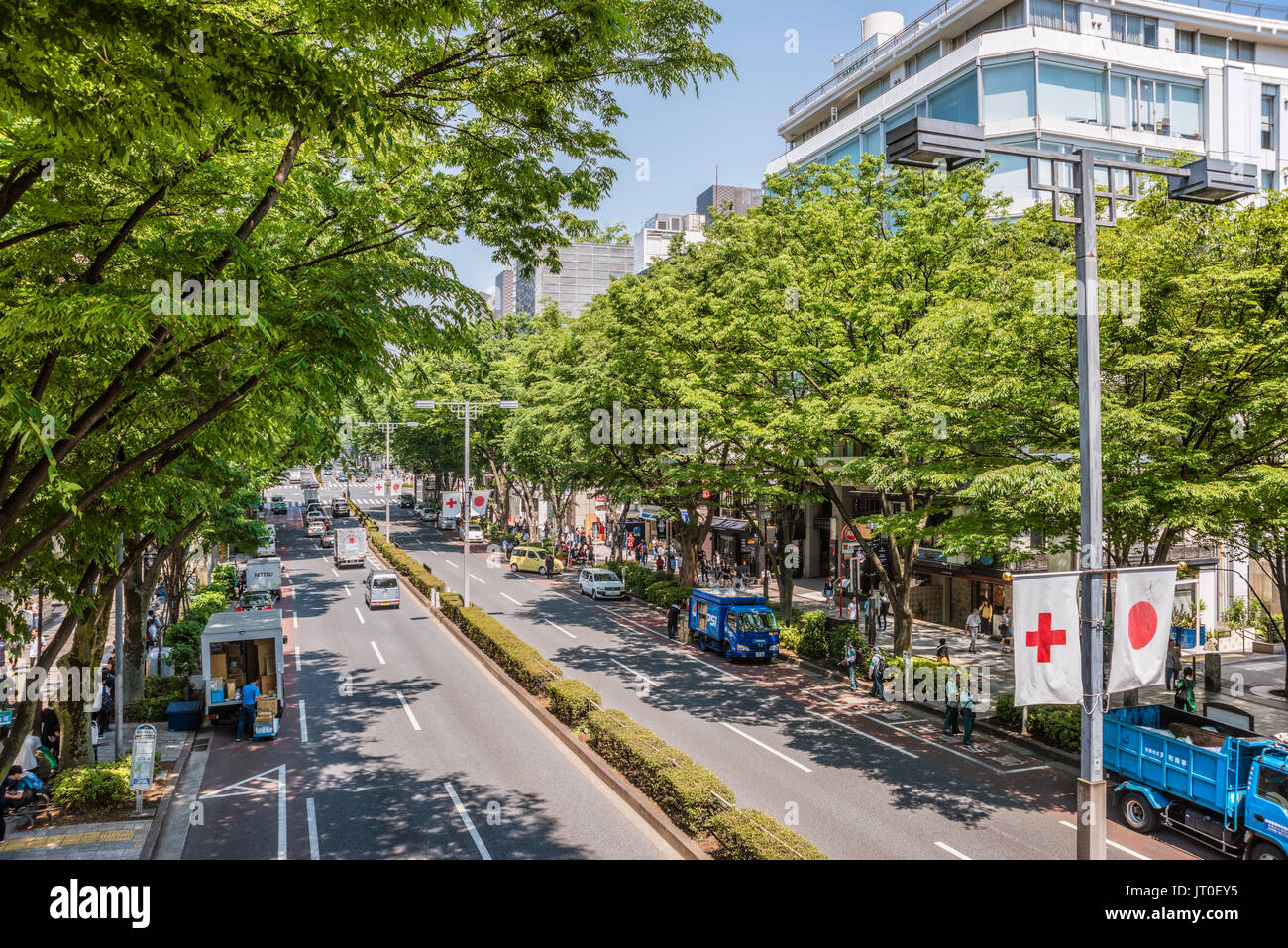 Omotesando Avenue visto da un cavalcavia, Tokyo, Giappone, noto come una delle famose strade dello shopping in tutto il mondo. Foto Stock