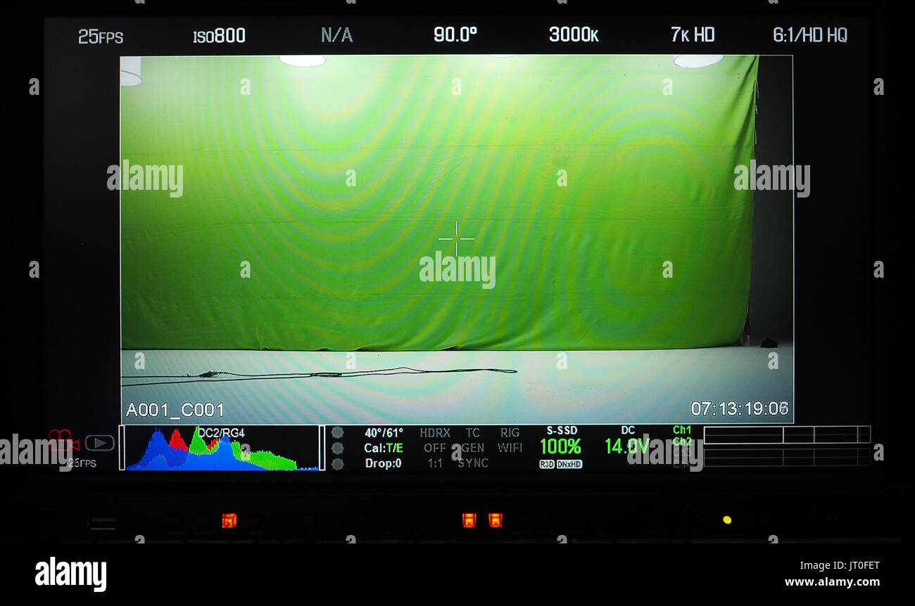 La produzione di video monitoraggio registrazione che hanno una schermata verde in studio e ha mostrato tutti i setup di ripresa. Foto Stock