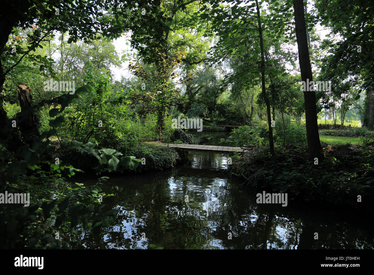 Vista del ponte sul fiume e sui giardini galleggianti di Les Hortillonnages, Amiens, somme, hauts de france, Francia Foto Stock