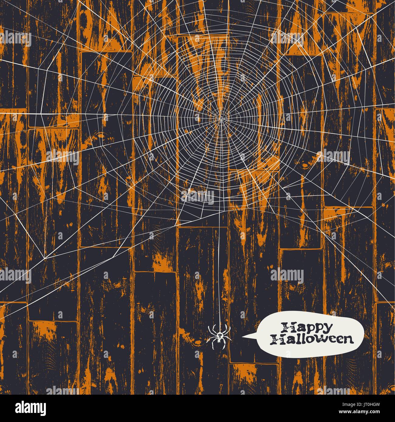 Cartolina di halloween illustrazione. Il 31 di ottobre vacanza sfondo. Halloween spider web su sfondo di legno. Illustrazione Vettoriale