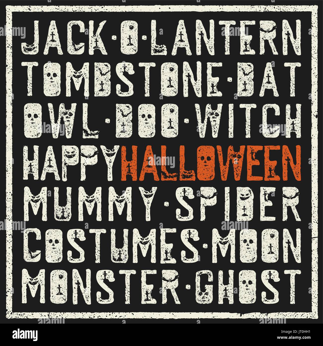 Parole di Halloween poster decorativi. Timbro grunge lettere con scary elementi (pipistrelli, tombe, zucche). Holiday parole nel telaio di grunge. Illustrazione Vettoriale