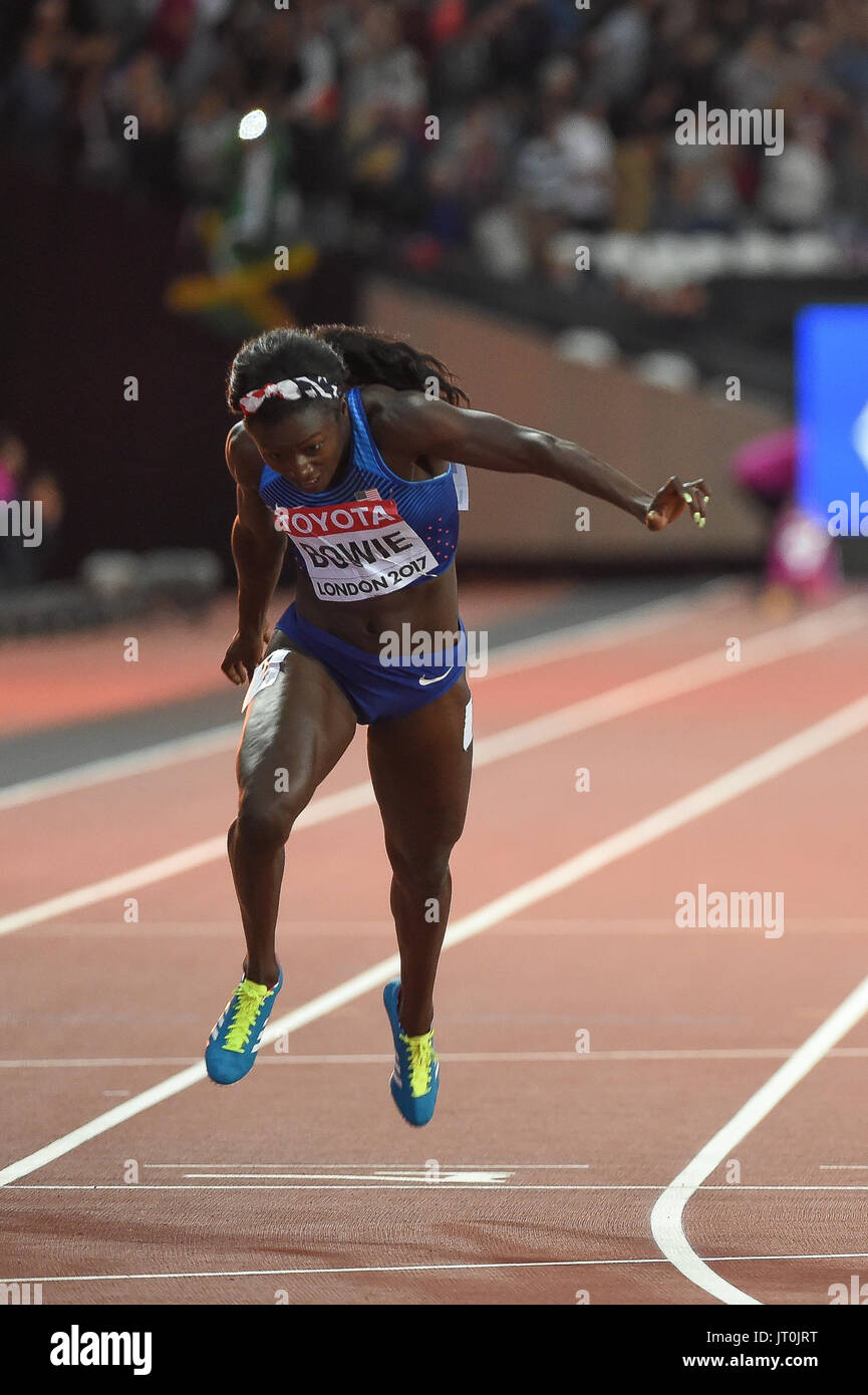 Londra, Regno Unito. Il 6 agosto, 2017. Tori BOWIE, USA, e Elaine Thompson, Giamaica, durante 100 metro finale a Londra il 6 agosto 2017 a 2017 IAAF Campionati del Mondo di atletica leggera. Foto Stock