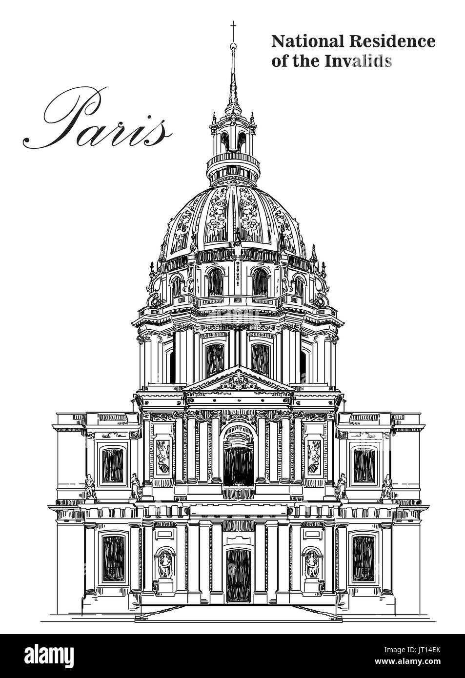 Residenza nazionale degli invalidi (lndark di Parigi)- vettore di disegno a mano illustrazione in colore nero su sfondo bianco Illustrazione Vettoriale