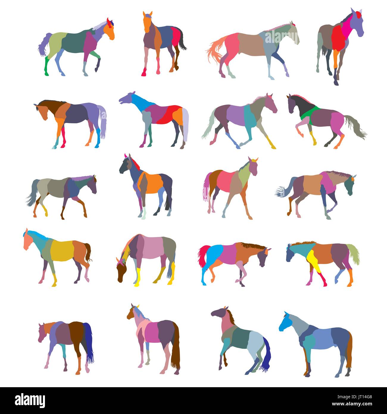 Set di vettore di mosaico colorato e trotto cavalli al galoppo sagome isolati su sfondo bianco Illustrazione Vettoriale