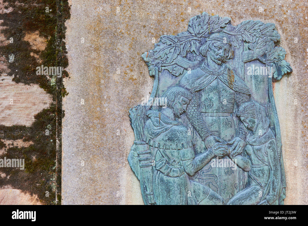 Bronze 1952 scultura da James woodford di re Riccardo Cuor di Leone di unire le vostre mani di Robin Hood e cameriera di Marion, Castle Road, Nottingham, Inghilterra Foto Stock