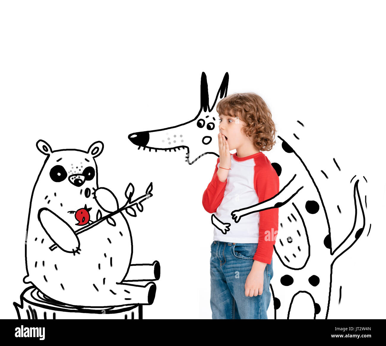 Ragazzo eccitato con mitici eroi Foto Stock