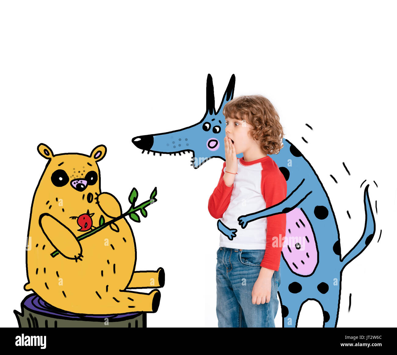 Ragazzo eccitato con mitici eroi Foto Stock