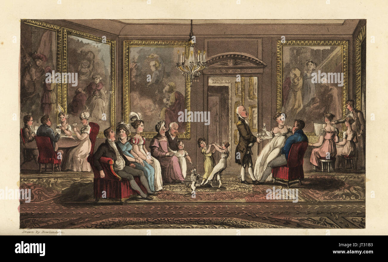 Johnny dà un gran parte. Evento sociale in un grande mansion, con gli ospiti a giocare a carte, cantare canzoni, parlando, balli e socializzare. Handcolored incisione su rame di Thomas Rowlandson da William Combe è la storia di Johnny Quae Genus, il piccolo Foundling del compianto medico sintassi, Ackermann, Londra, 1822. Foto Stock