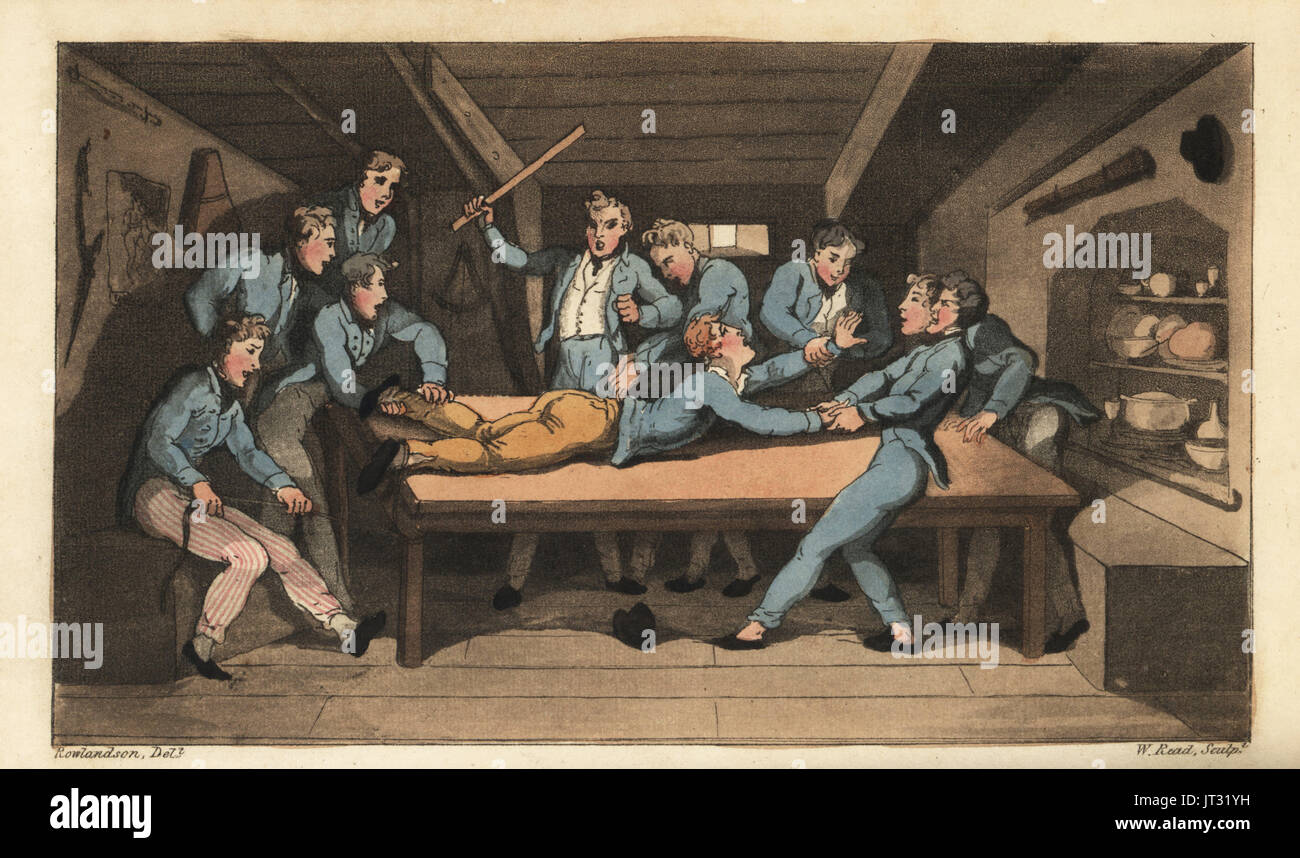 La pena navale di cobbing (thrashing) per rovinare un pasto. Johnny è battuto con un bastone oltre il pasticcio tabella per aggiungere sale al budino. Handcolored incisione su rame di W. Lettura dopo una illustrazione di Thomas Rowlandson da Alfred Burton le avventure di Johnny Newcombe in marina, Simpkin, Londra, 1818. Foto Stock