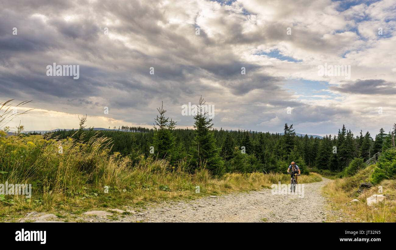 Ciclismo su strada sterrata di Jeseniky montagne, Repubblica Ceca Foto Stock