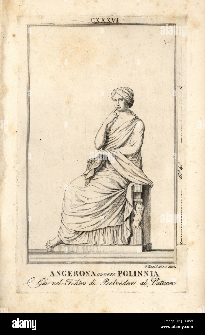 Statua Di Angerona La Dea Di Roma O Polinnia Polyhymnia Musa Della Poesia Seduto Con Le Sue Dita Sulle Labbra Incisione Su Rame Dopo Una Illustrazione Di Giacomo Bossi Di Pietro Paolo