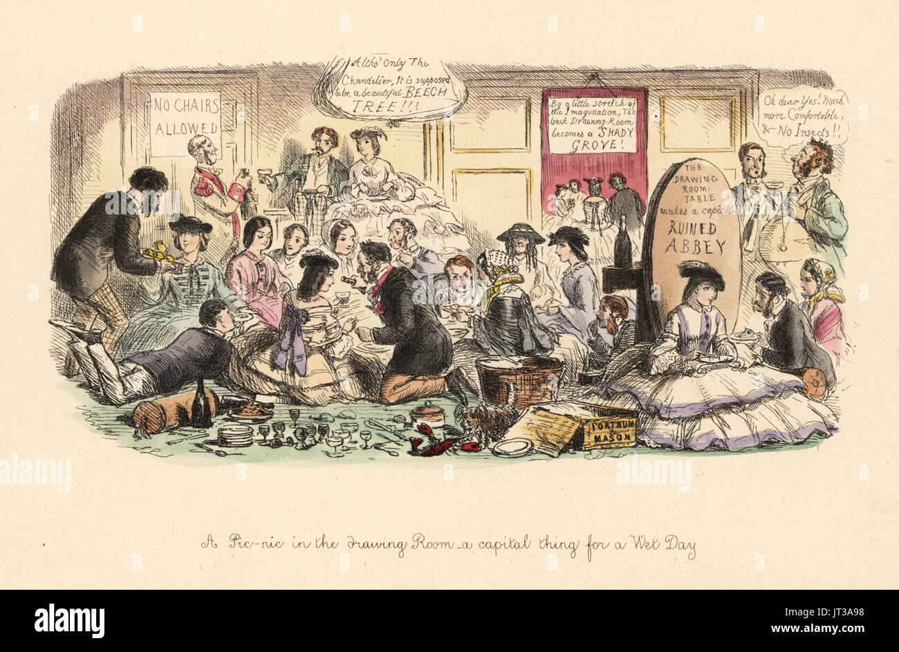 Picnic in salotto, una cosa capitale per un giorno di pioggia, 1859. Stampa satirica che mostra Victorians sdraiati sul tappeto con Fortnum e Mason ostacola il picnic. Handcolored etching da John Leech da follie dell'anno, dal punzone di libri tascabili, Bradbury, Londra, 1864. Foto Stock