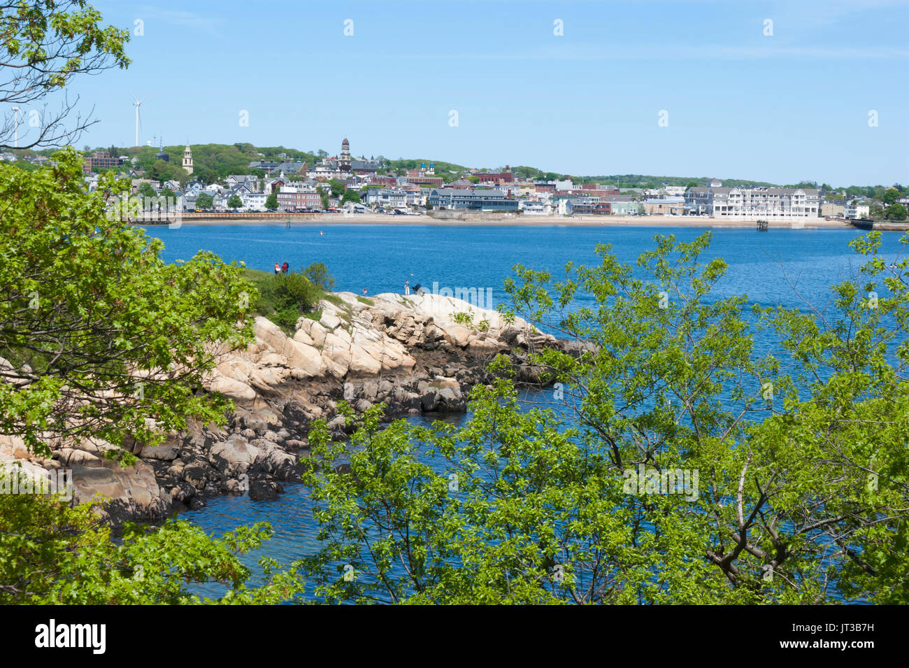 La città di gloucester waterfront visto dalla forcella dello stadio park. gloucester harbor, Cape Ann, Massachusetts. Foto Stock