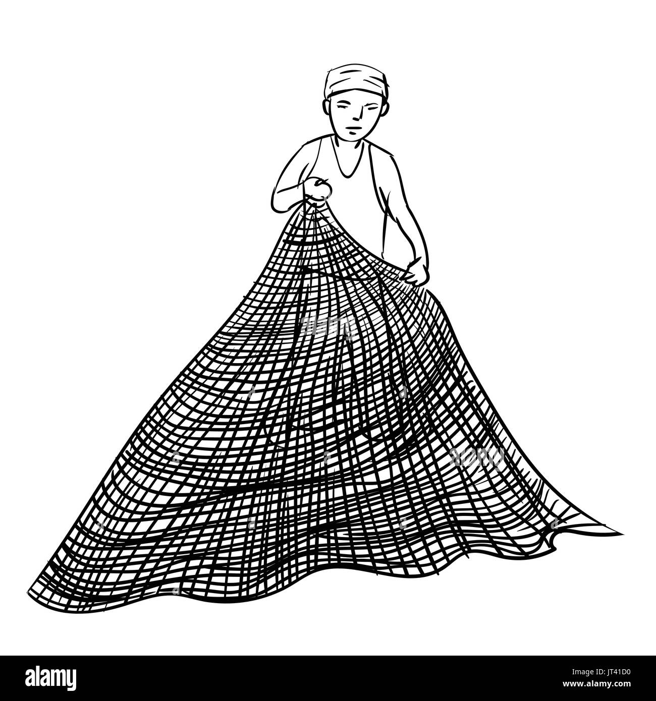 Mano bozzetto del pescatore con net, in bianco e nero linea semplice illustrazione vettoriale per libro da colorare - Linea tracciata vettore Illustrazione Vettoriale