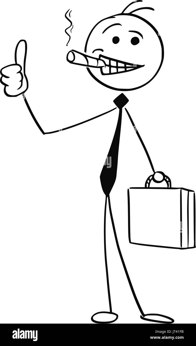 Vettore di Cartoon stick uomo illustrazione di imprenditore di successo o un venditore con grande sigaro e valigetta sorridente e mostra Thumbs up gesto. Illustrazione Vettoriale