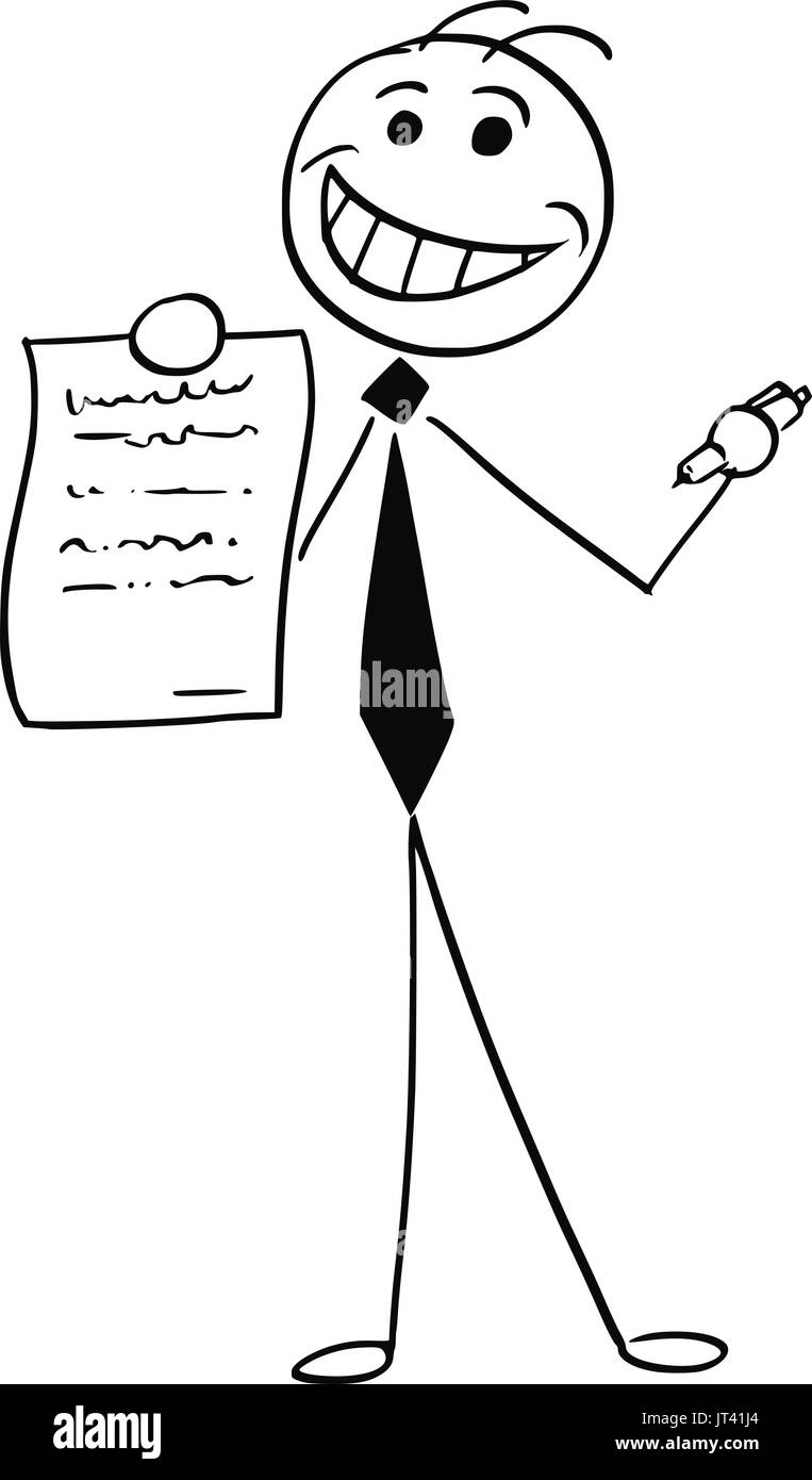 Fumetto illustrazione vettoriale di sorridere stick uomo d affari o venditore che offre il contratto o accordo carta per la firma. Illustrazione Vettoriale