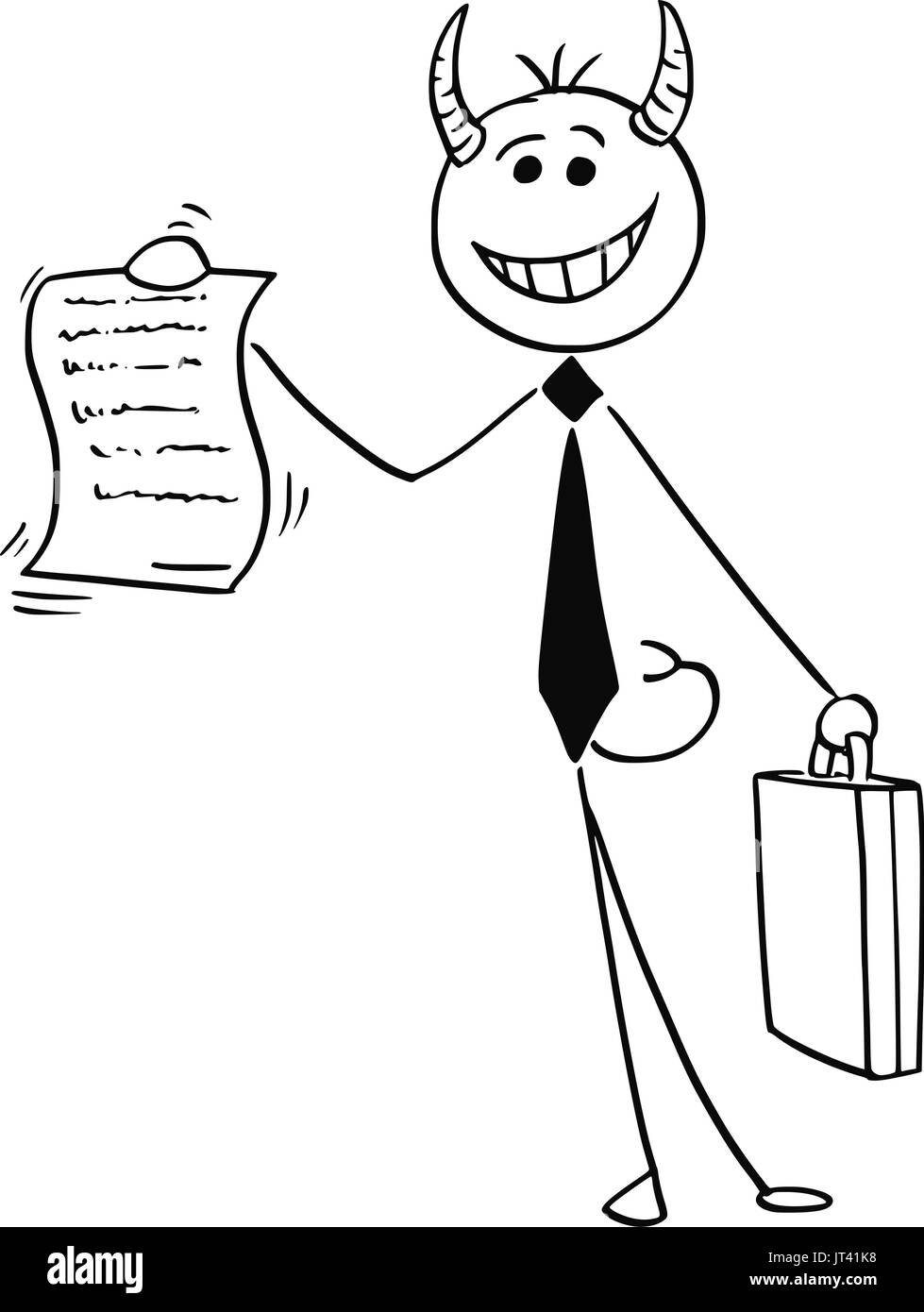 Fumetto illustrazione vettoriale di sorridere stick diavolo uomo d affari o venditore che offre il contratto o accordo carta per la firma. Illustrazione Vettoriale