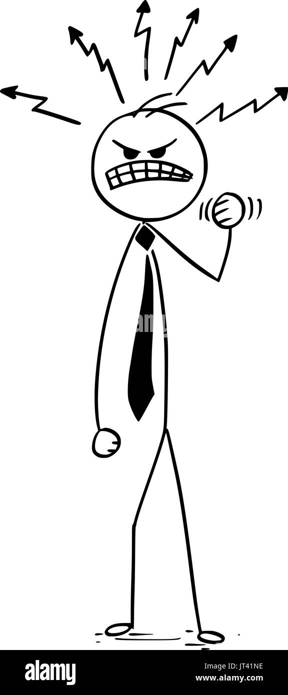 Fumetto illustrazione vettoriale di angry stick uomo uomo d affari, venditore, manager o boss con simboli di flash intorno alla sua testa. Illustrazione Vettoriale