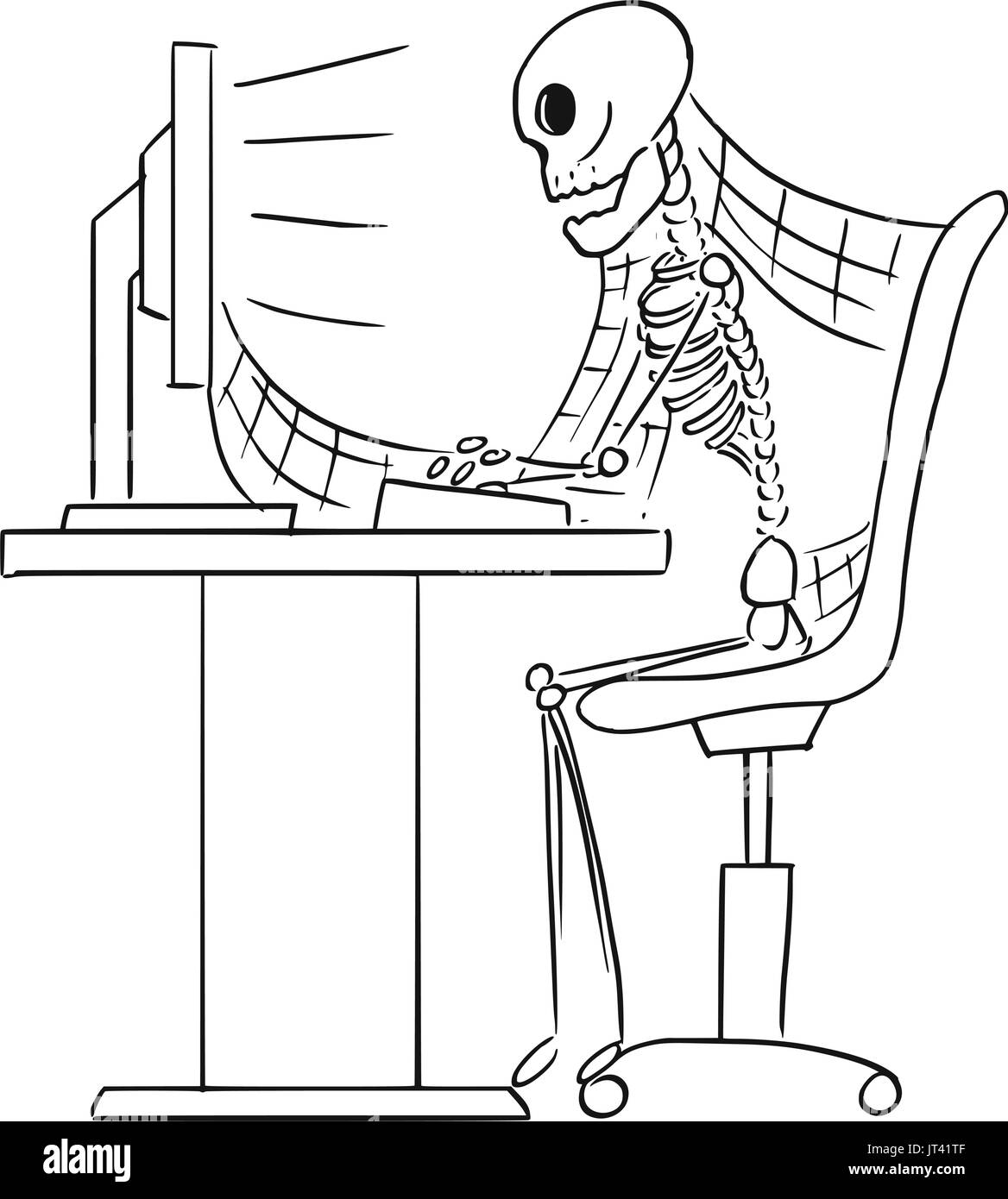 Fumetto illustrazione vettoriale di forgotten scheletro umano di imprenditore morto o commesso seduti nella parte anteriore del computer in ufficio con ragnatele tutti aroun Illustrazione Vettoriale