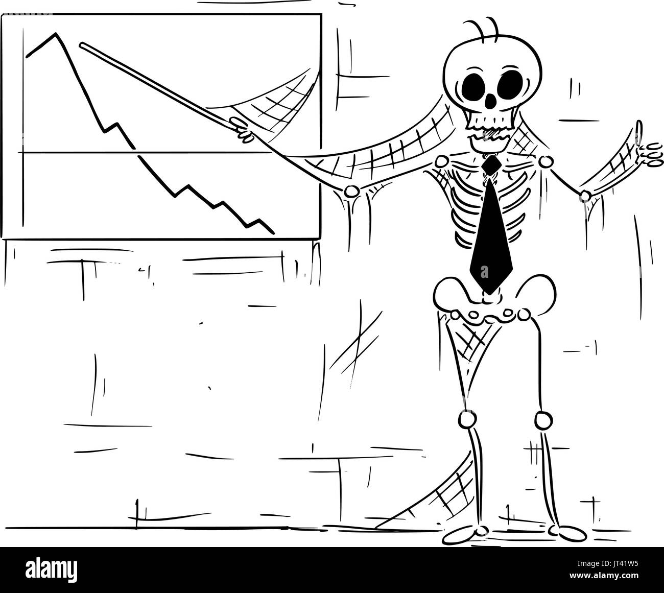 Cartoon illustrazione di scheletro umano di morto imprenditore, cancelliere; venditore o il manager puntando al profitto e grafico che mostra Thumbs up gesto. Illustrazione Vettoriale