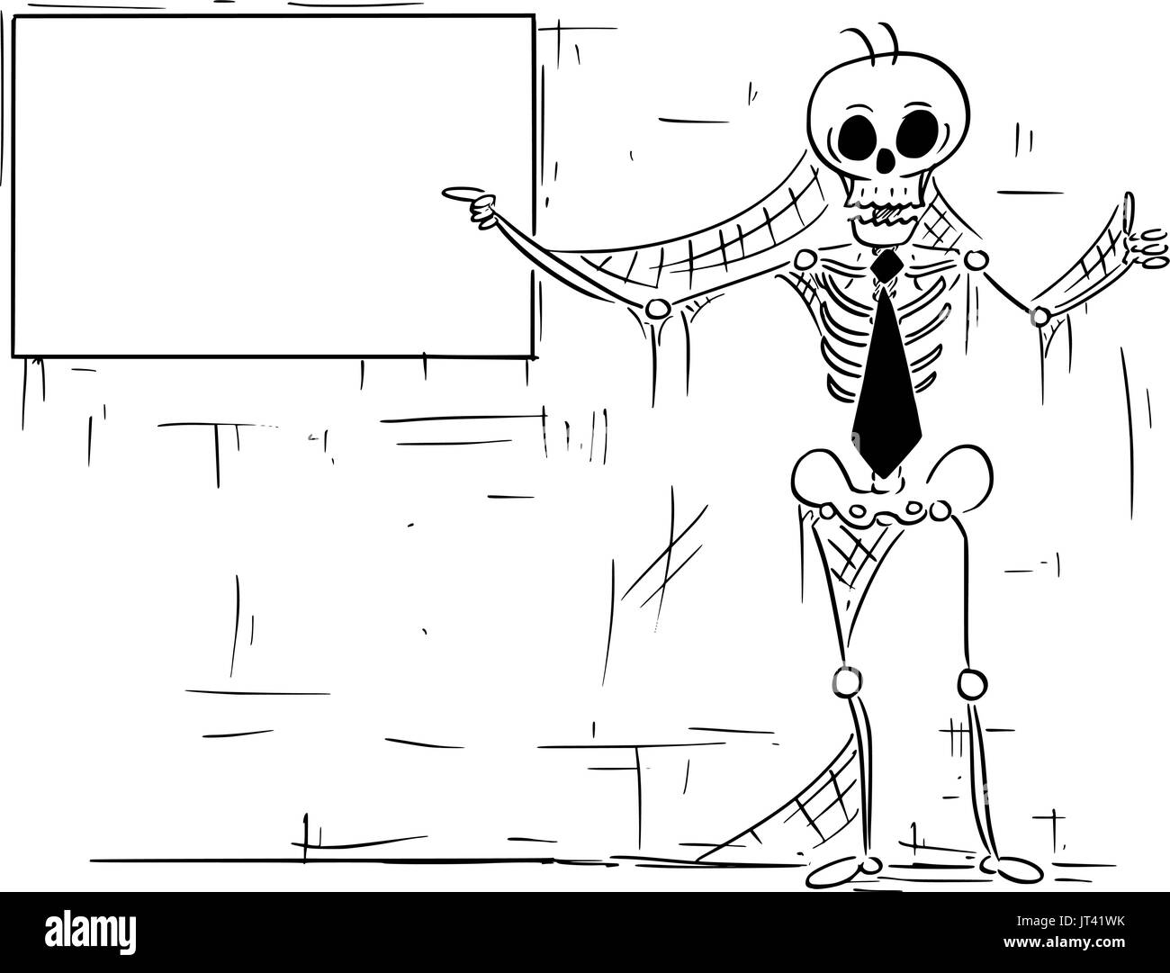 Cartoon illustrazione di scheletro umano di morto imprenditore, cancelliere, il venditore o il manager puntando al segno vuoto e mostrando i pollici fino gesto. Illustrazione Vettoriale