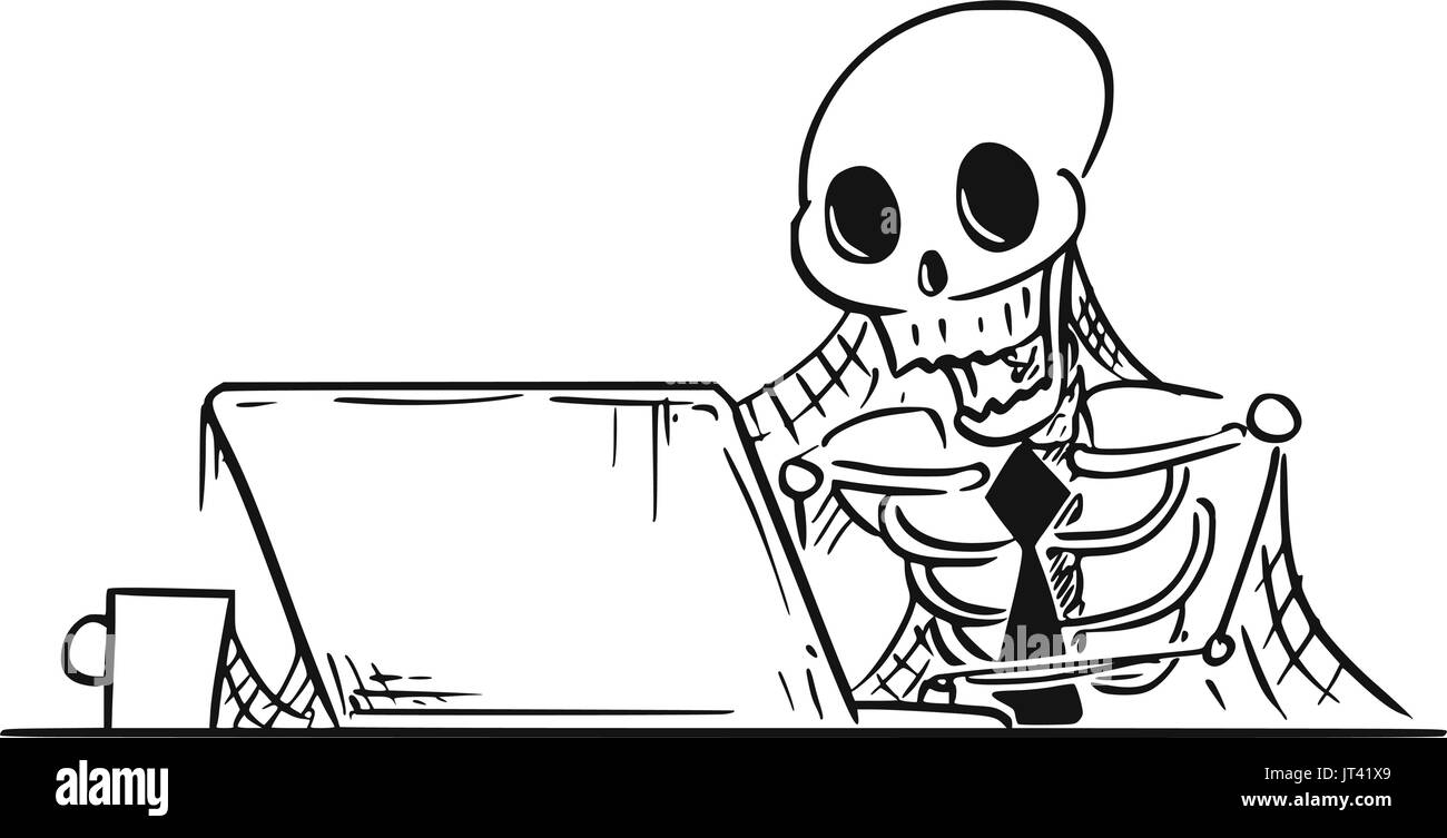 Fumetto illustrazione vettoriale di forgotten scheletro umano di imprenditore morto o commesso seduti nella parte anteriore del computer con ragnatele tutto intorno. Illustrazione Vettoriale