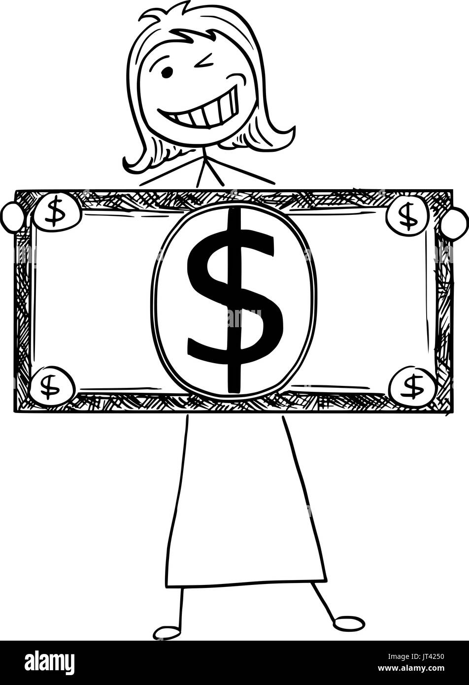 Cartoon illustrazione di sorridenti stick imprenditrice, manager addetto femmina o politico in posa con grande dollaro o banconota Illustrazione Vettoriale