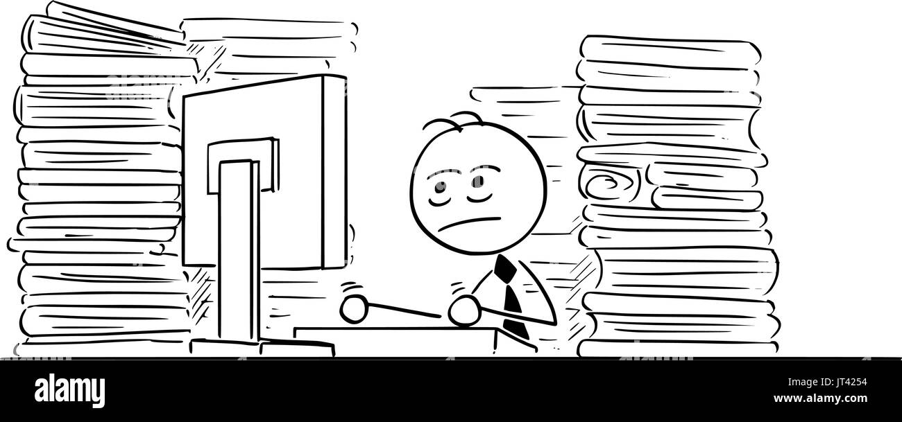 Cartoon illustrazione della infelice stanco stick uomo imprenditore, manager,clerk lavorando sul computer in ufficio con file tutti intorno a. Illustrazione Vettoriale