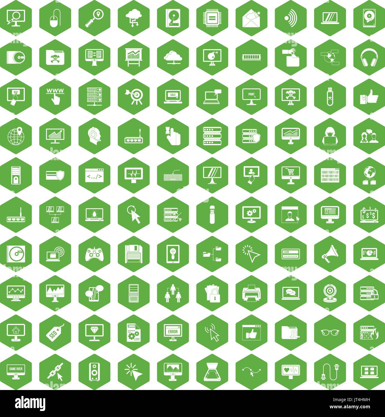100 computer icone verde esagonale Illustrazione Vettoriale