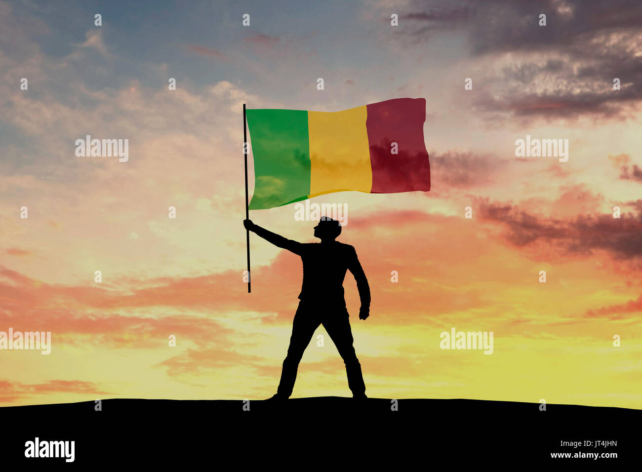 Silhouette maschio figura sventola bandiera del Mali. Il rendering 3D Foto Stock