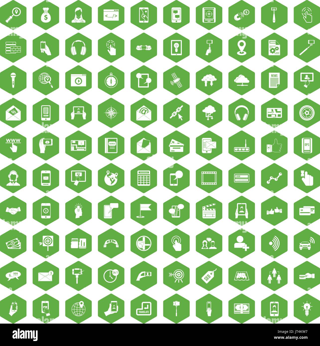 100 mobile icone verde esagonale Illustrazione Vettoriale