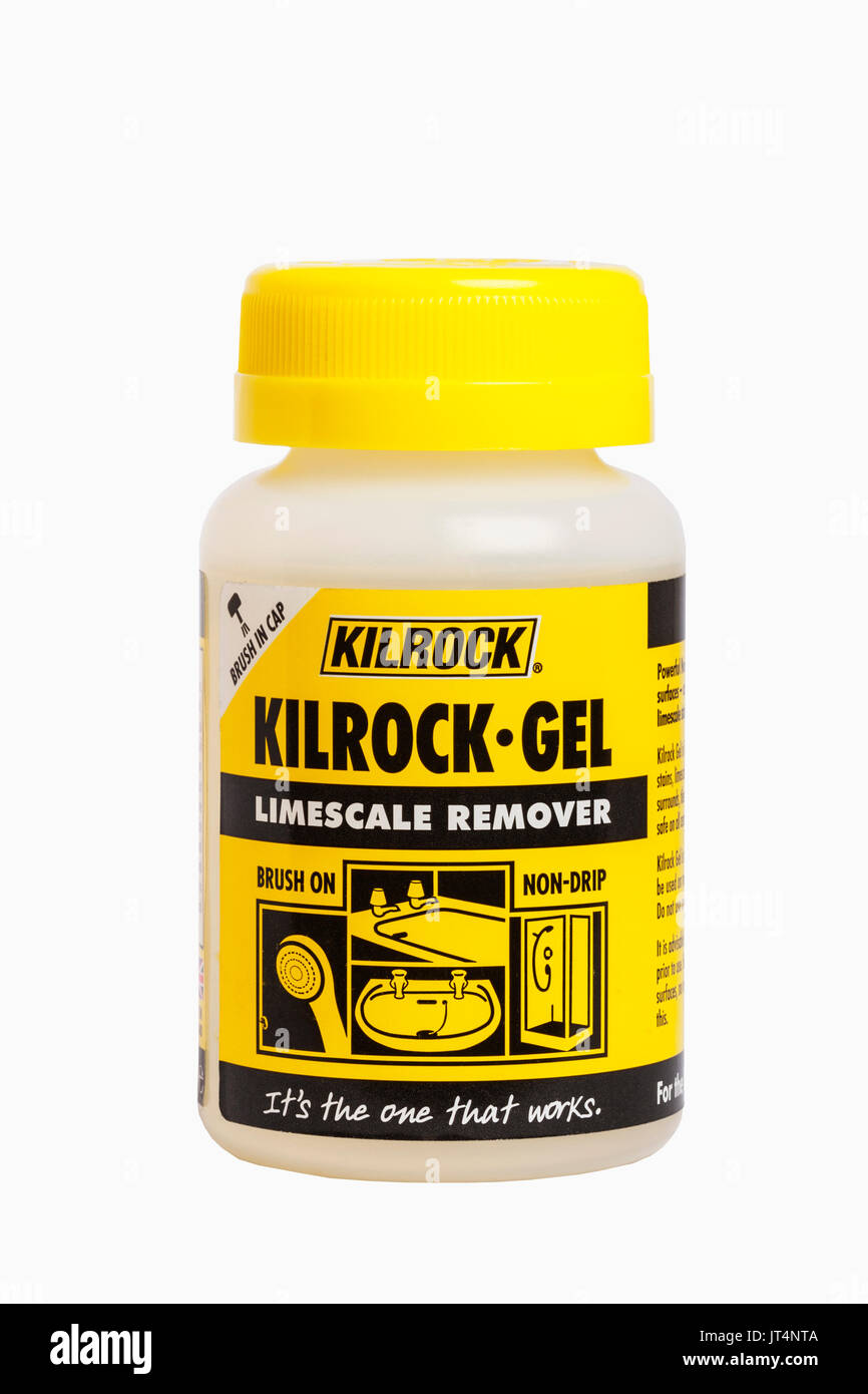 Una bottiglia di calcare Kilrock remover gel su uno sfondo bianco Foto Stock