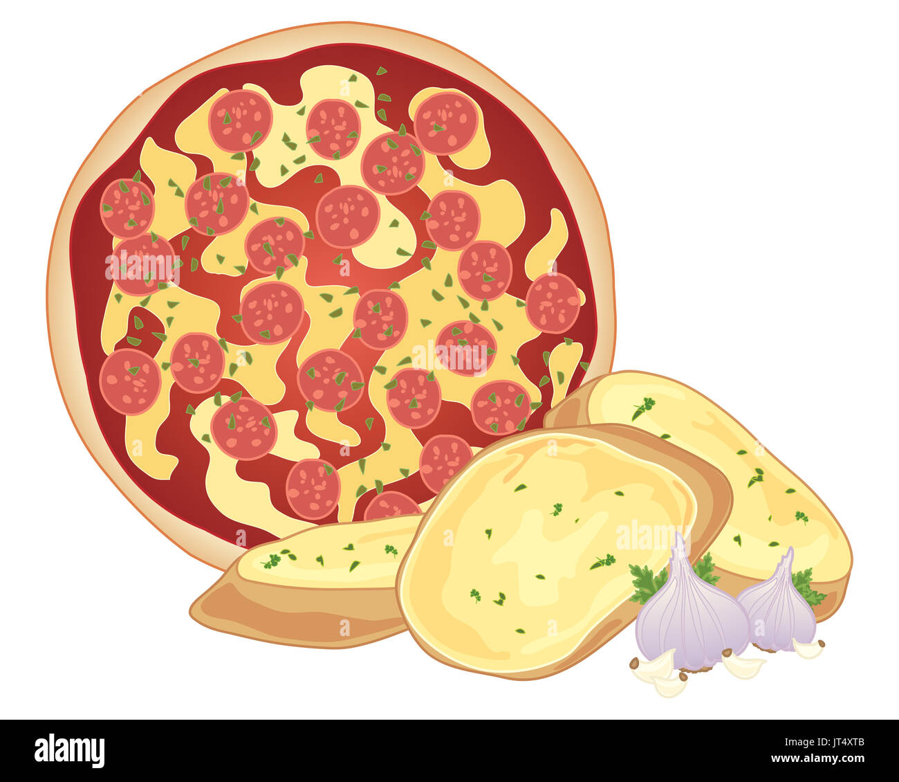 Una illustrazione di una salsiccia per pizza pizza con croccante di aglio fresco pane amd bulbi di aglio su sfondo bianco Foto Stock