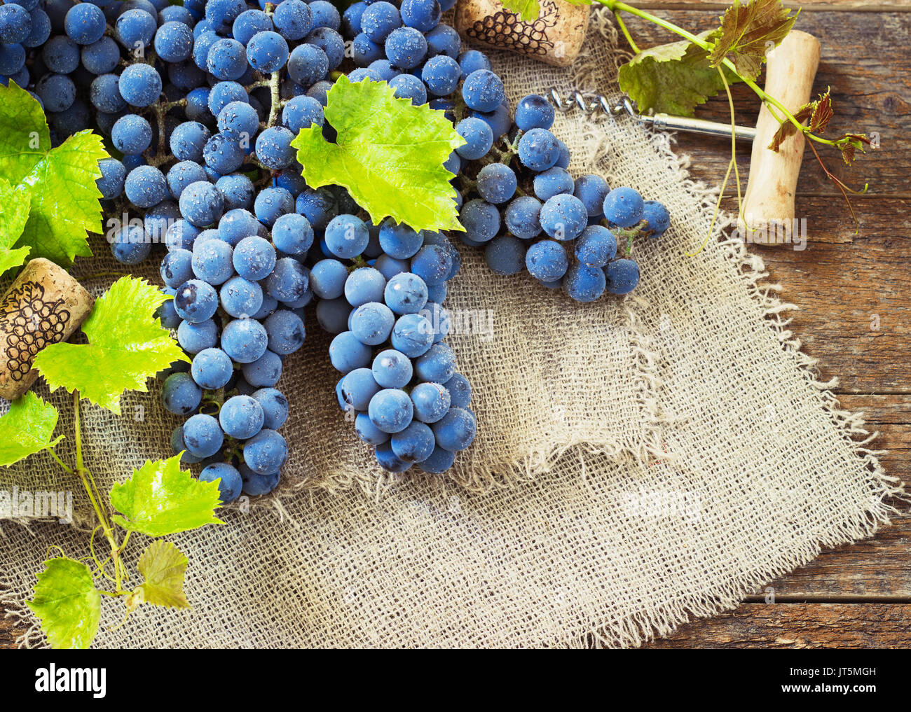 Vino e uva in impostazione vintage con tappi sul tavolo di legno tonificante Foto Stock