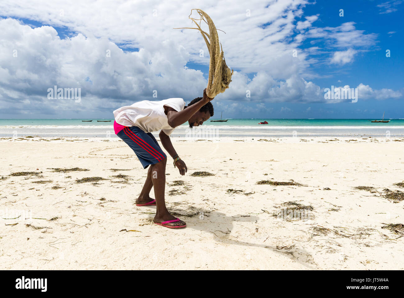 Fisherman tenderises e prepara fresco polpo catturato da lanciarla contro la sabbia della spiaggia, Diani, Kenya Foto Stock