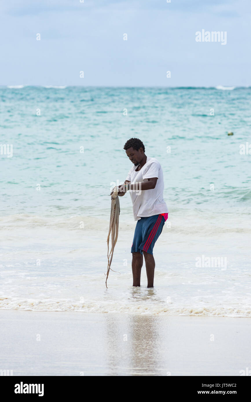 Fisherman lavaggi catturato il polpo in acqua di mare dal litorale, spiaggia di Diani, Kenya Foto Stock